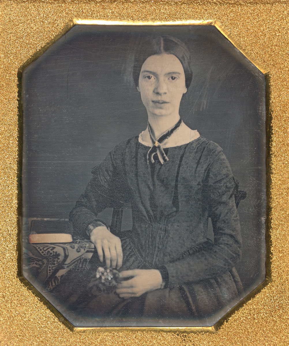 Retrato de Emily Dickinson flores prensadas en un herbario