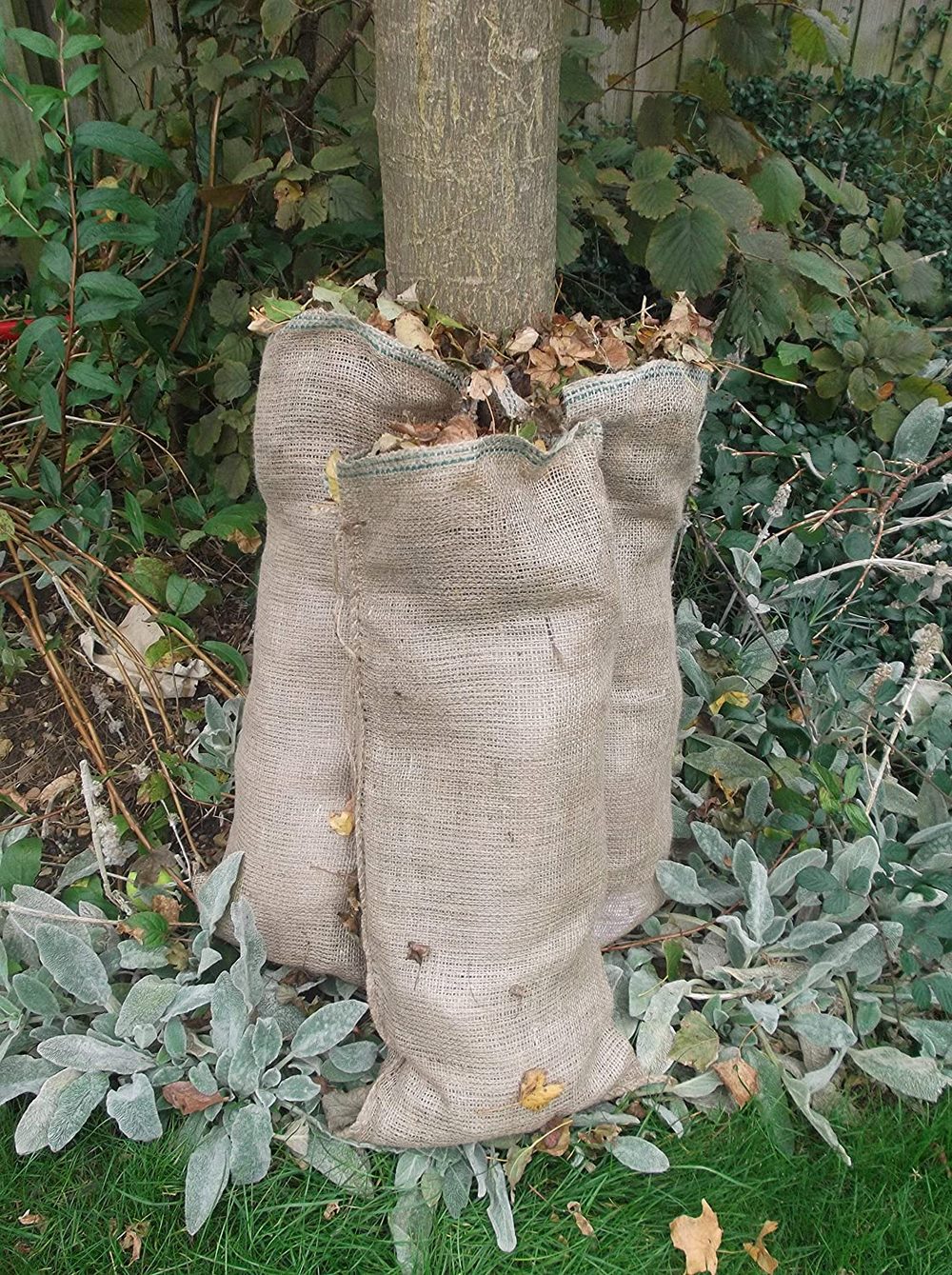 sacos de yute con hojas secas de jardin