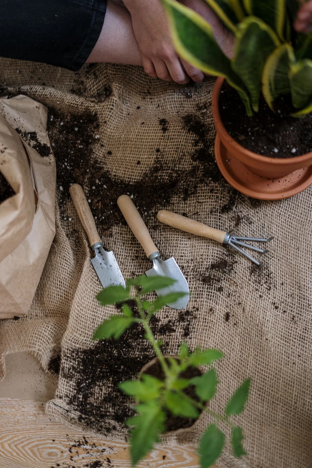 reducir el plástico en el jardín utilizando tejidos y herramientas de materiales naturales
