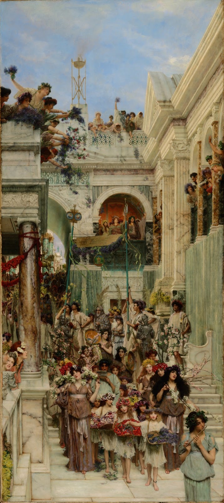 Pintura victoriana con procesión de mujeres y niños con flores descendiendo escaleras de mármol