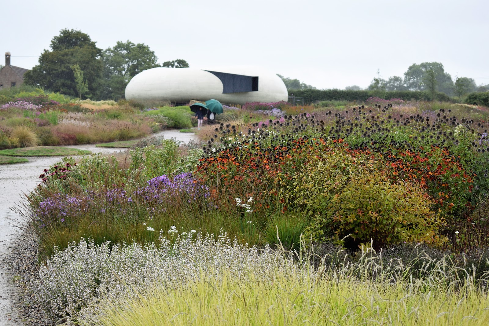 Jardín naturalista de Piet Oudolf con herbáceas vivaces y gramíneas ornamentales a finales del verano