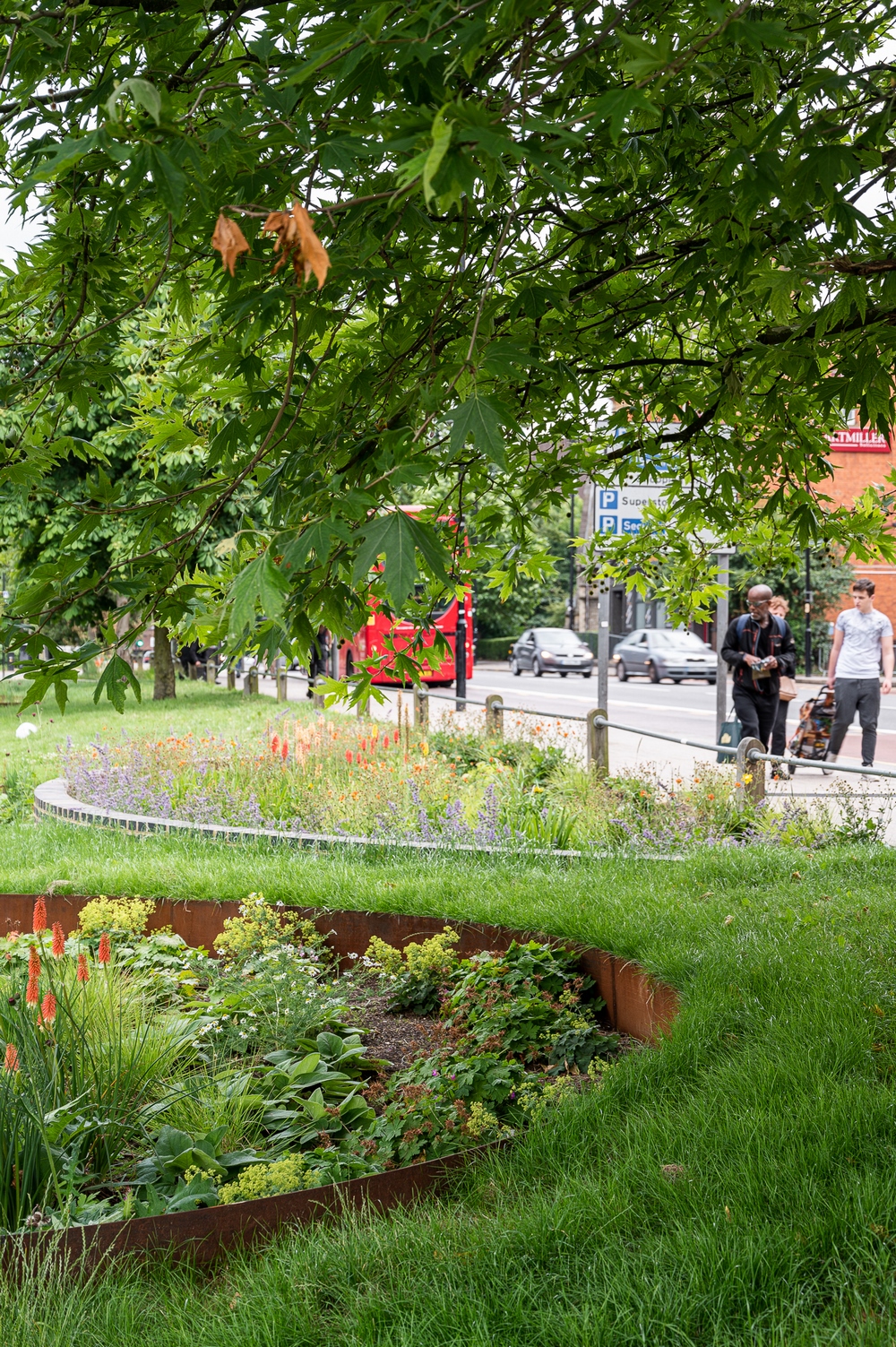 Plantación de estilo naturalista en el jardín de lluvia urbano de Crescent Gardens. Wood Green, Londres | © Robert Bray Associates